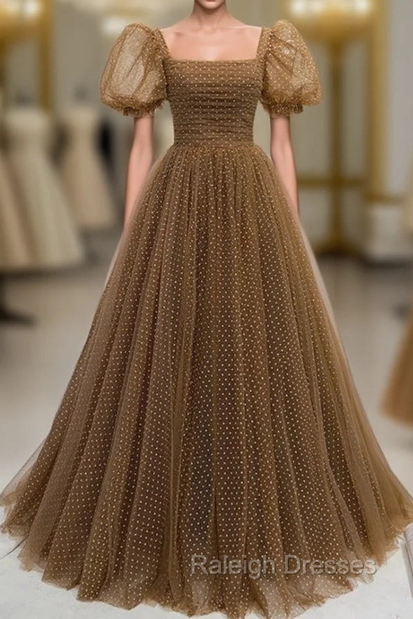 Brown Wave Point Tulle Puff Sleeve Prom Dress Main image
