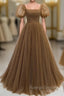 Brown Wave Point Tulle Puff Sleeve Prom Dress