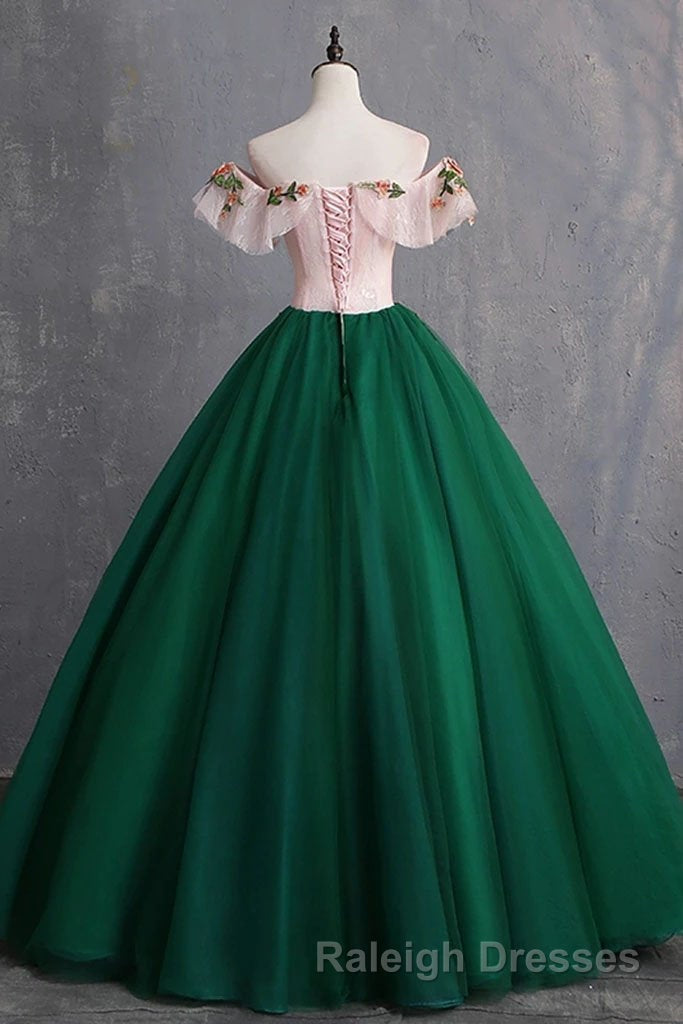 Green Off the Shoulder Floor Length Prom Dress with Appliques, Puffy Quinceanera Dress Secondary image