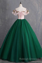 Green Off the Shoulder Floor Length Prom Dress with Appliques, Puffy Quinceanera Dress