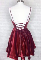 Burgundy V Neck Velvet Short Prom Dresses, A Line Prom Dresses