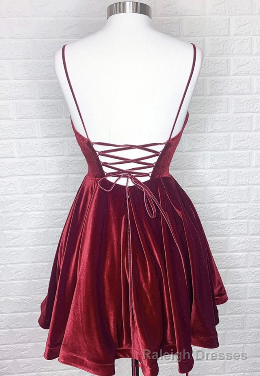 Burgundy V Neck Velvet Short Prom Dresses, A Line Prom Dresses
