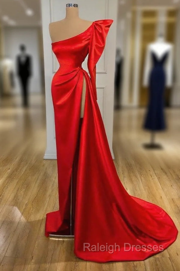 Bubble Sleeve One-shoulder Red High-split Long Evening Dress Main image