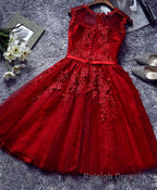 Burgundy Lace Tulle Short Prom Dress, Lace Prom Dress