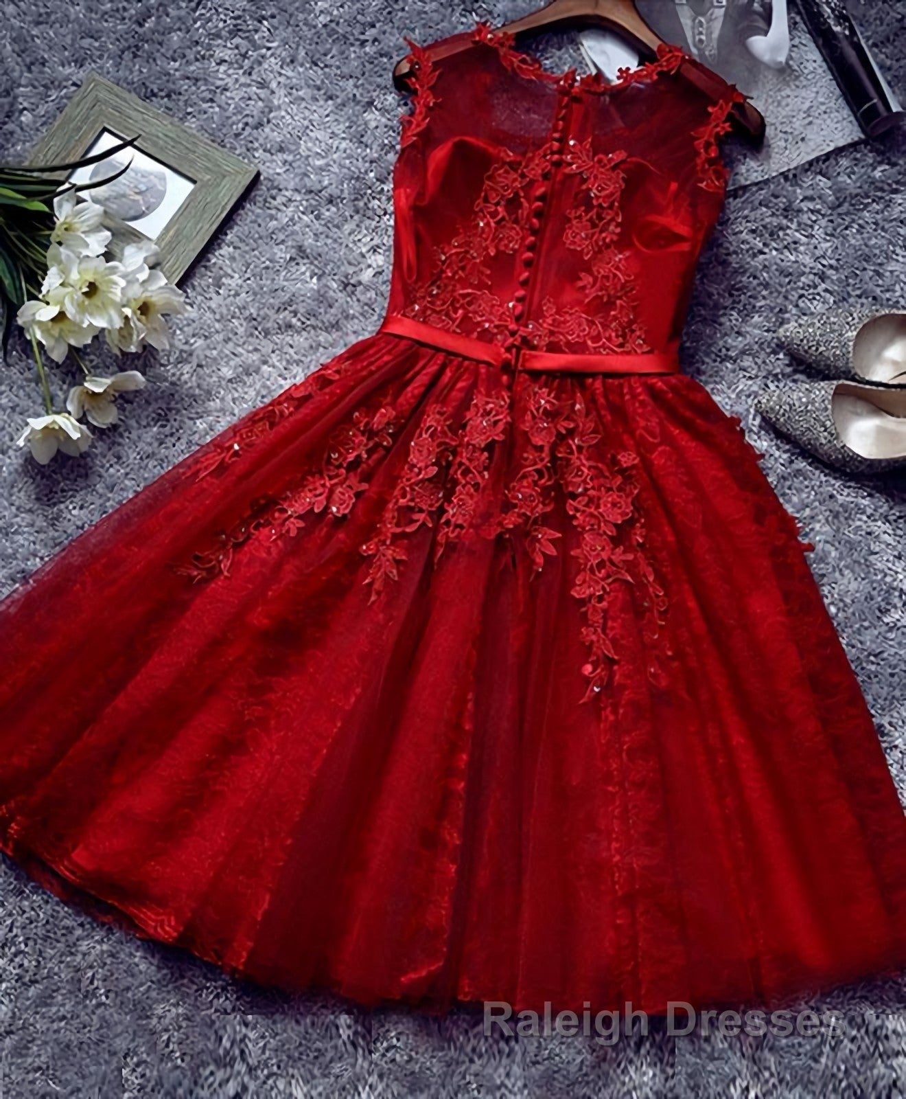 Burgundy Lace Tulle Short Prom Dress, Lace Evening Dress