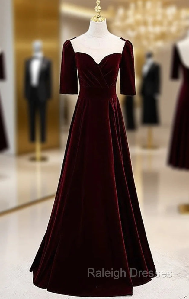 Burgudny Velvet Square Short Sleeve Pleats Prom Dress Main image