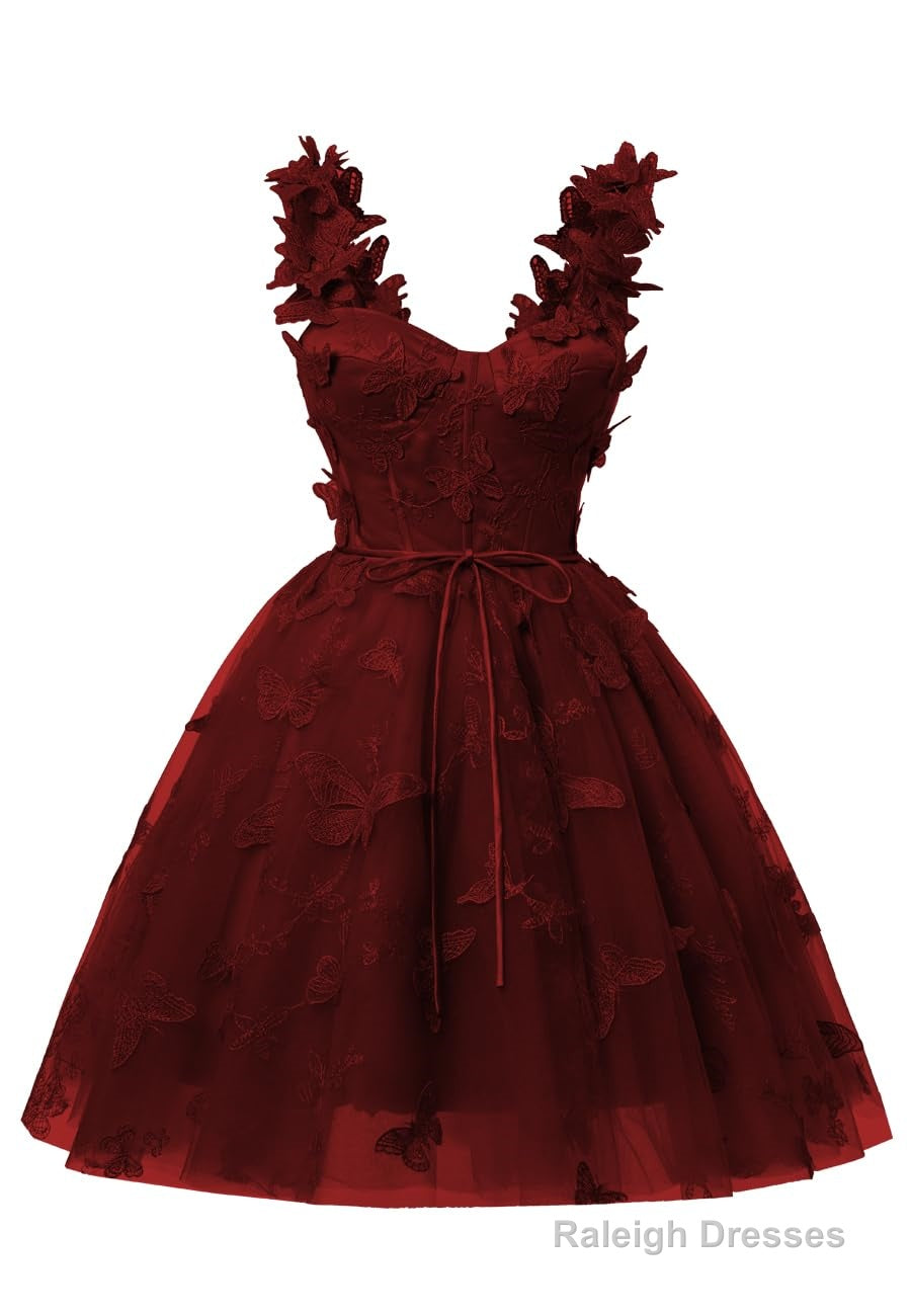 Burgundy 3D Butterfly Lace Applique Tulle Homecoming Dress for Teens Sweetheart Mini Short Prom Dresses Main image
