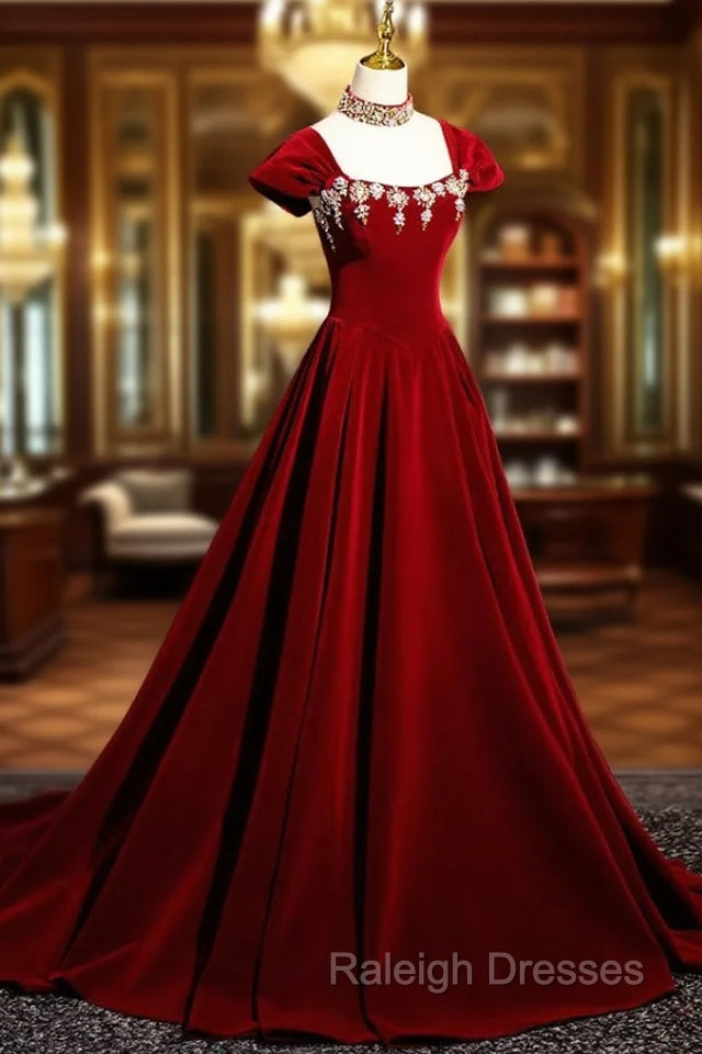 Burgundy A Line Beaded Velvet Long Prom Dress