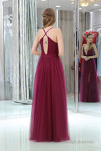 Burgundy A Line Floor Length Deep V Neck Sleeveless Side Slit Prom Dresses
