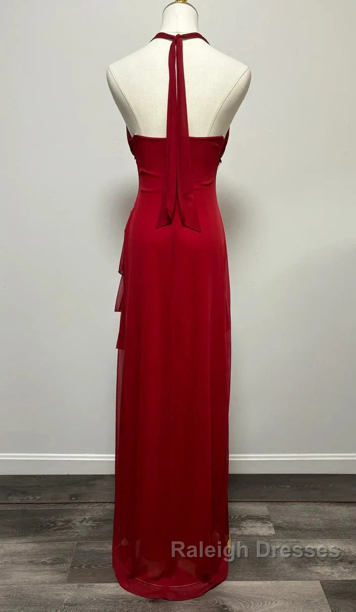 Burgundy A-Line Halter V Neck Chiffon Backless Prom Dress,Bridesmaid Dress With Ankle Length