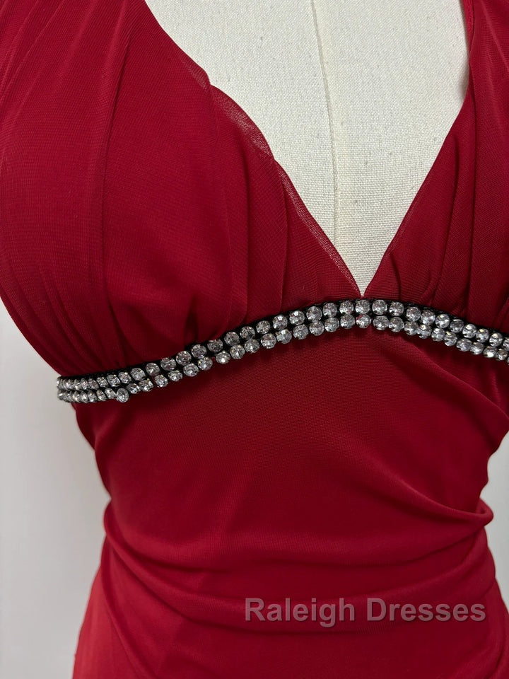 Burgundy A-Line Halter V Neck Chiffon Backless Prom Dresses Bridesmaid Dresses With Ankle Length