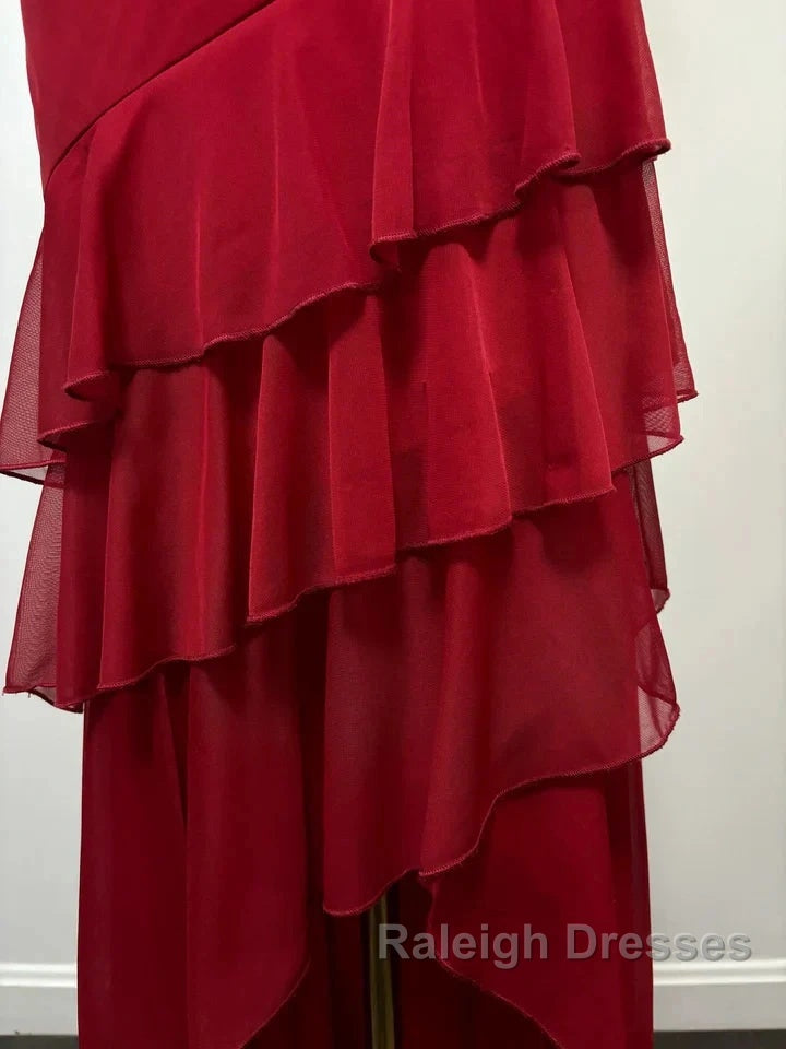 Burgundy A-Line Halter V Neck Chiffon Backless Prom Dresses Bridesmaid Dresses With Ankle Length
