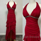 Burgundy A-Line Halter V Neck Chiffon Backless Prom Dresses Bridesmaid Dresses With Ankle Length