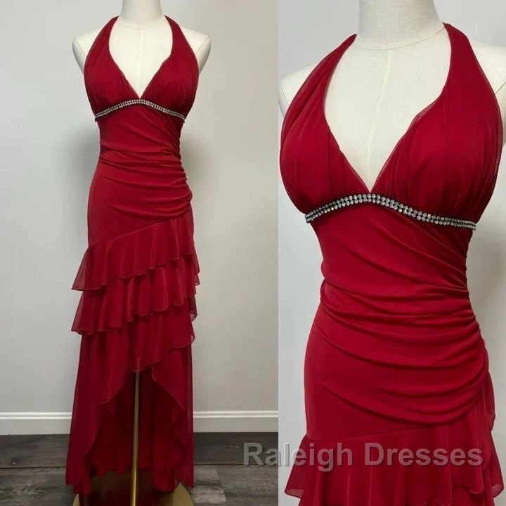Burgundy A-Line Halter V Neck Chiffon Backless Prom Dresses Bridesmaid Dresses With Ankle Length