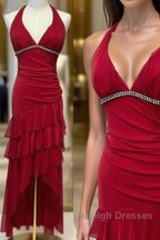 Burgundy A-Line Halter V Neck Chiffon Backless Prom Dress,Bridesmaid Dress With Ankle Length