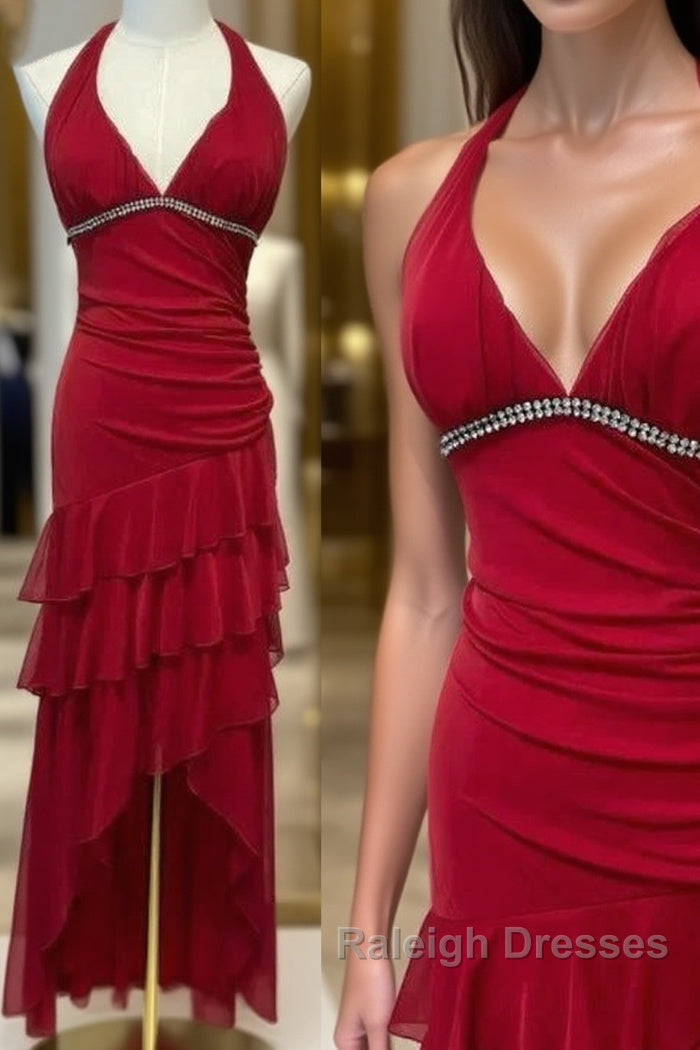 Burgundy A-Line Halter V Neck Chiffon Backless Prom Dress,Bridesmaid Dress With Ankle Length