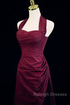 Burgundy A-Line Halter Vintage Style Prom Dress, Burgundy Long Evening Dress