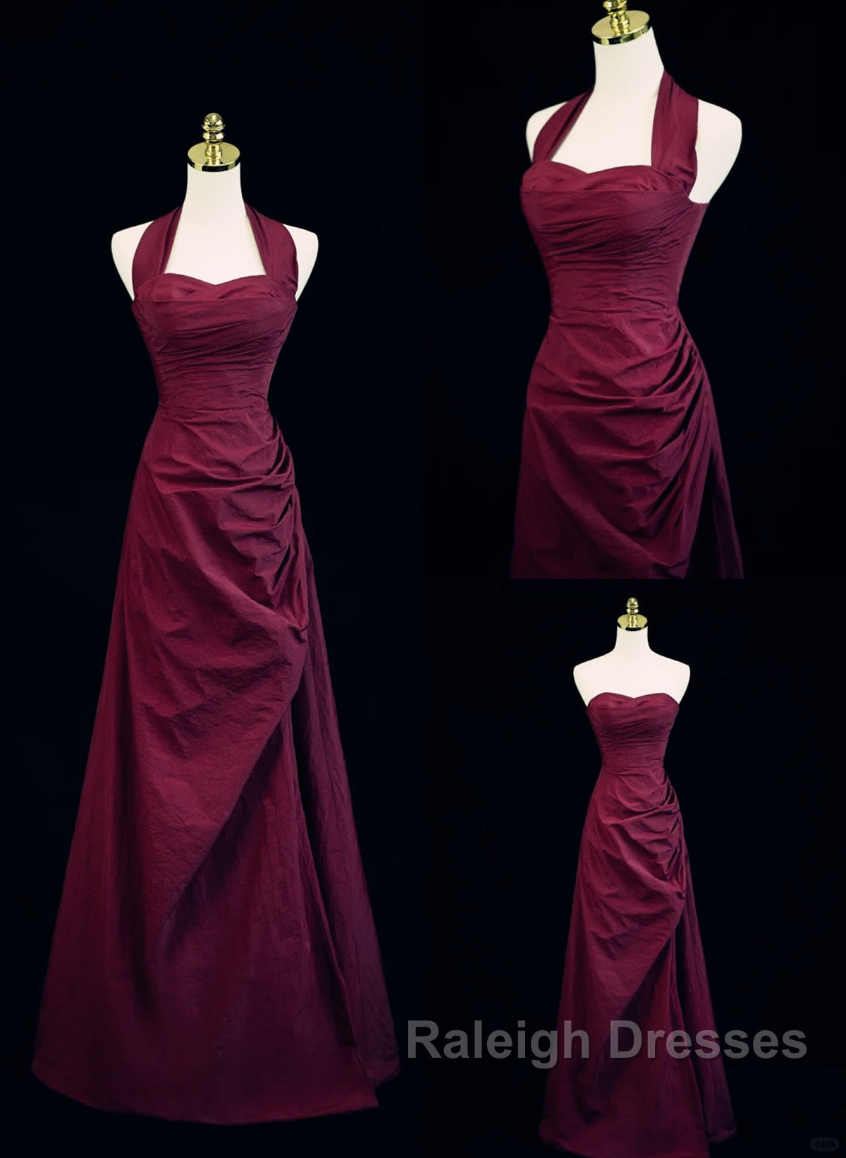 Burgundy A-Line Halter Vintage Style Prom Dress, Burgundy Long Evening Dress