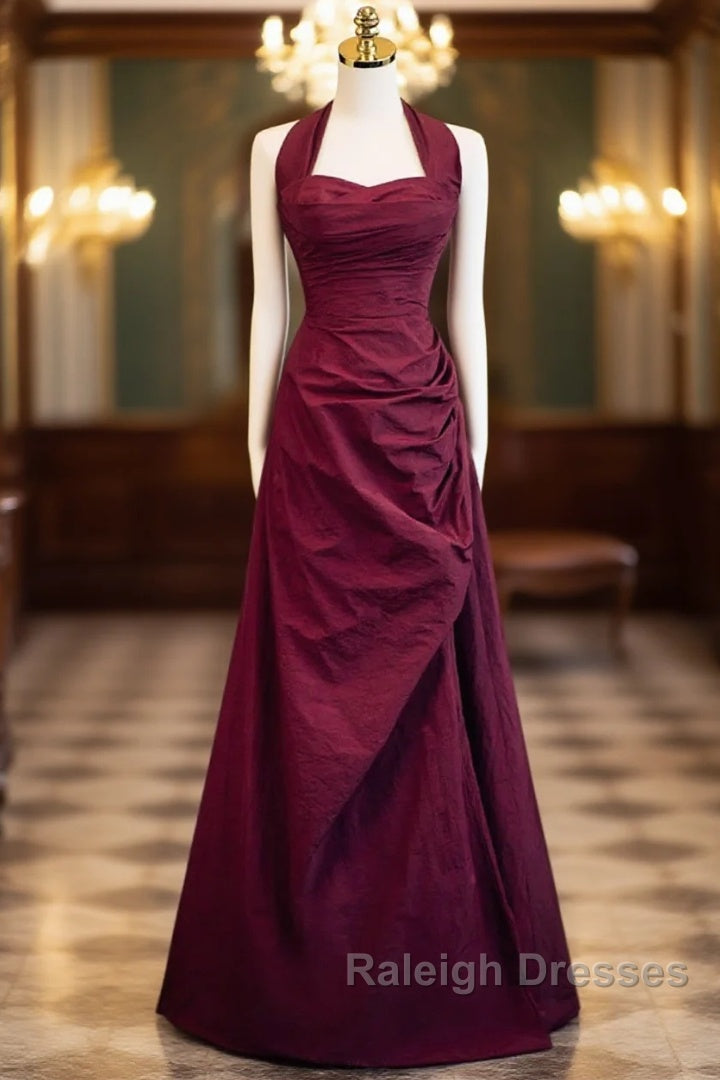Burgundy A-Line Halter Vintage Style Prom Dress, Burgundy Long Evening Dress