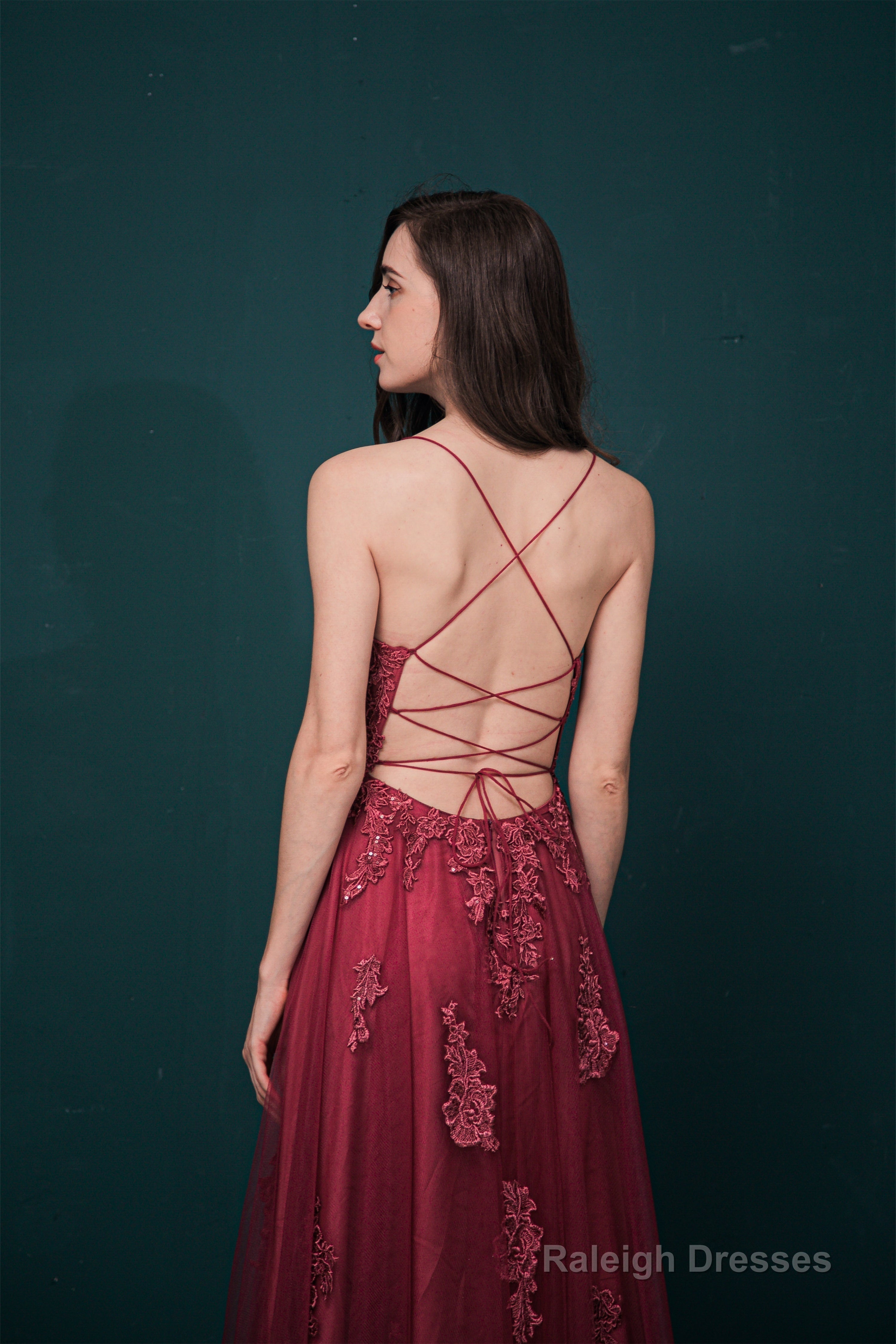 A-line Lace Appliques Long Prom Dresses
