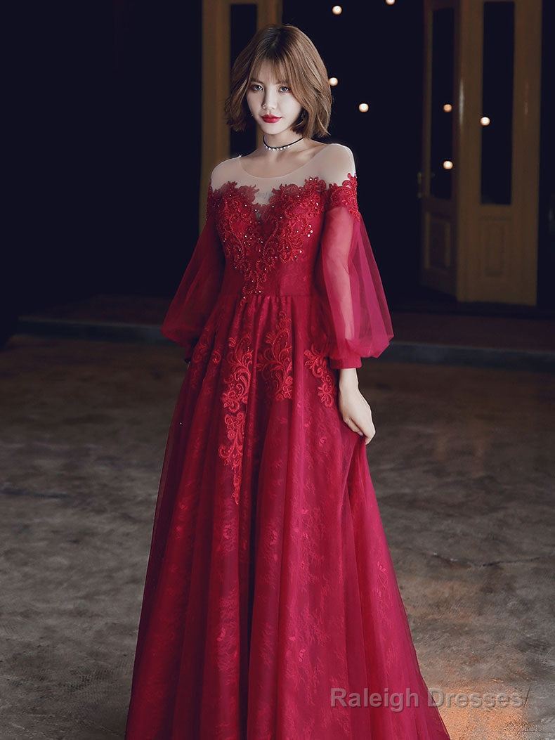 Burgundy A-Line Lace Long Prom Dresses, Burgundy Formal Evening Dresses Secondary image