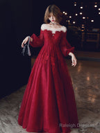 Burgundy A-Line Lace Long Prom Dresses, Burgundy Formal Evening Dresses