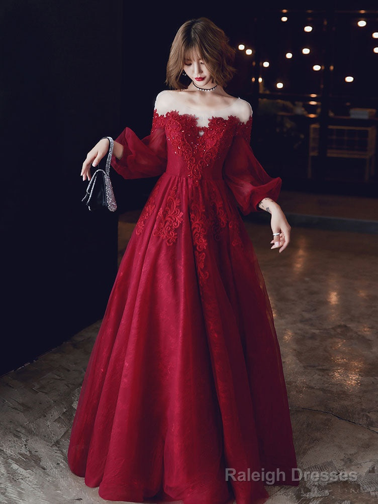 Burgundy A-Line Lace Long Prom Dresses, Burgundy Formal Evening Dresses