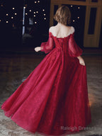 Burgundy A-Line Lace Long Prom Dresses, Burgundy Formal Evening Dresses