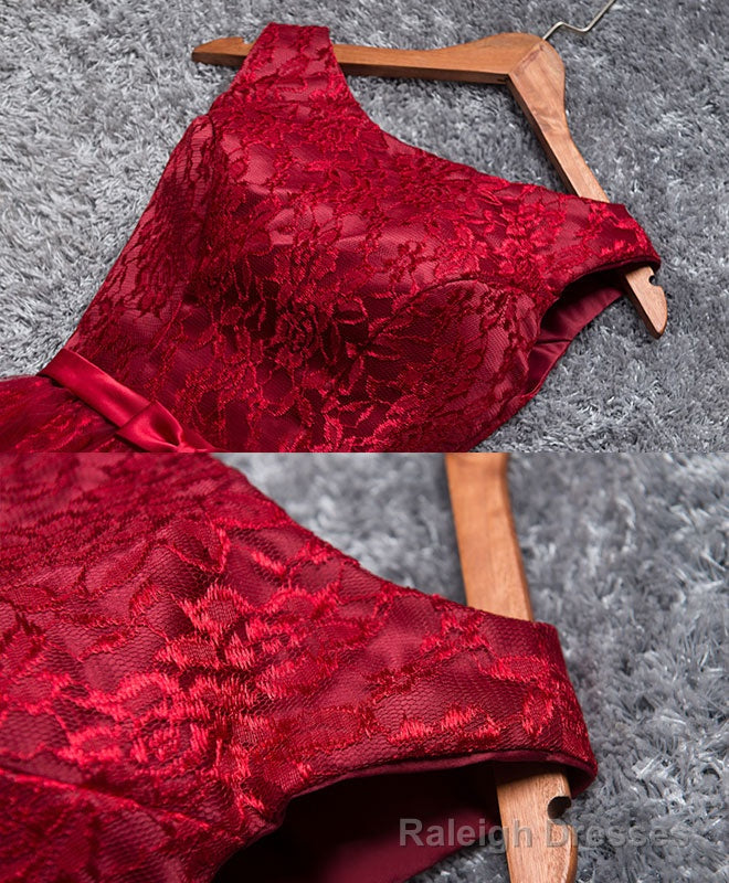 Burgundy A Line Lace Short Prom Dress, Burgundy Evening Dress