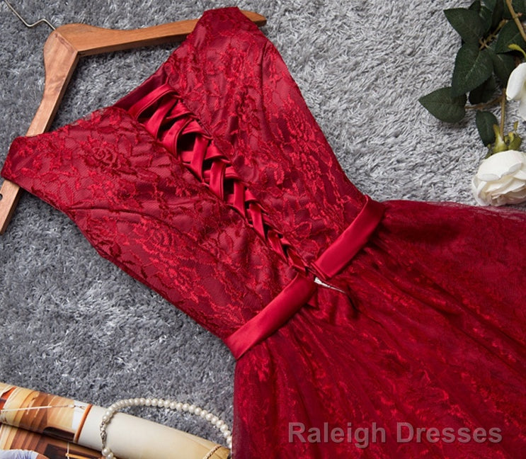 Burgundy A Line Lace Short Prom Dress, Burgundy Prom Dress