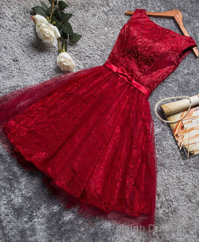 Burgundy A Line Lace Short Prom Dress, Burgundy Evening Dress Main image