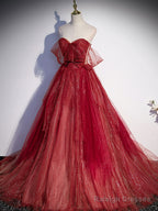 Burgundy A Line Off Shoulder Long Prom Dress Burgundy Evening Dress