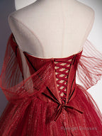 Burgundy A Line Off Shoulder Long Prom Dress Burgundy Evening Dress