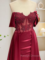 Burgundy A-Line Off Shoulder Satin Lace Long Prom Dresses Burgundy Long Prom Dresses