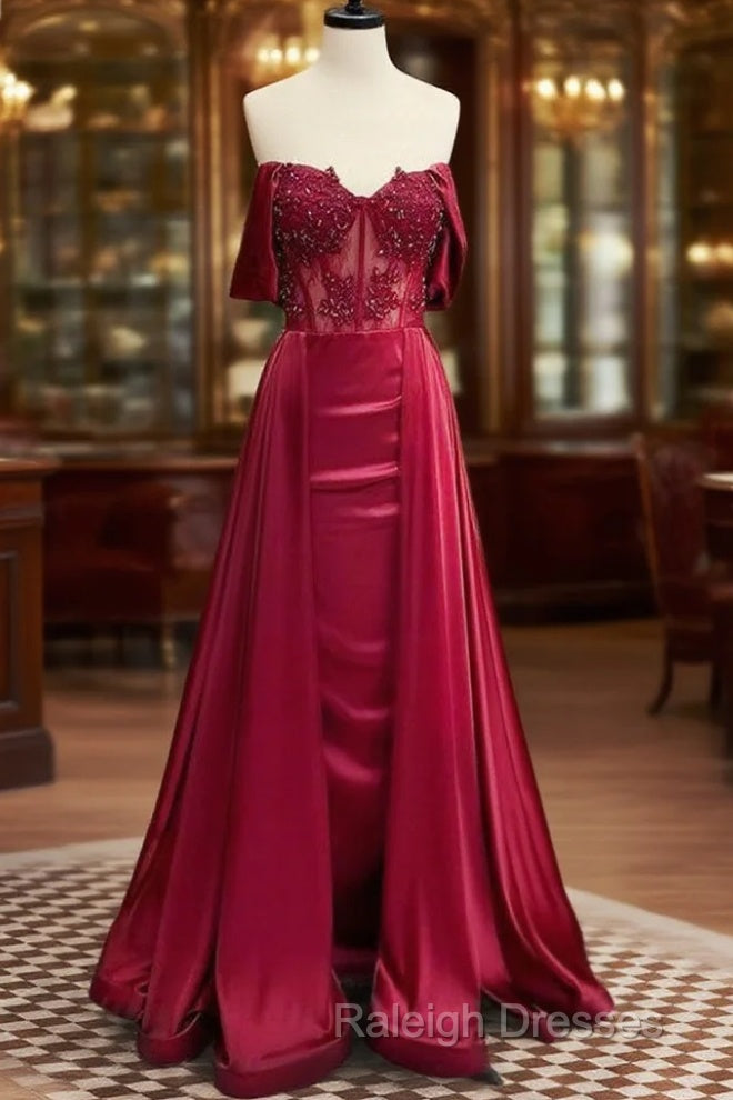 Burgundy A-Line Off Shoulder Satin Lace Long Prom Dress, Burgundy Long Formal Dress Main image