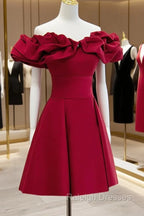 Burgundy A Line Off Shoulder Satin Short Prom Dress, Burgundy Homecoming Dress