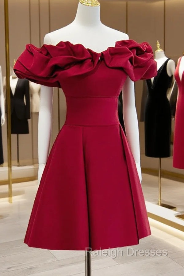 Burgundy A Line Off Shoulder Satin Short Prom Dress, Burgundy Homecoming Dress