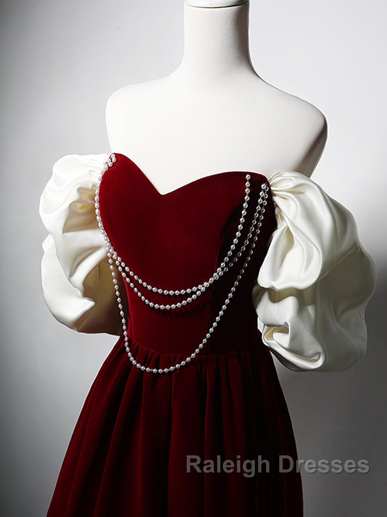 Burgundy A-Line Off Shoulder Velvet Lace Long Prom Dresses Burgundy Long Prom Dresses Secondary image