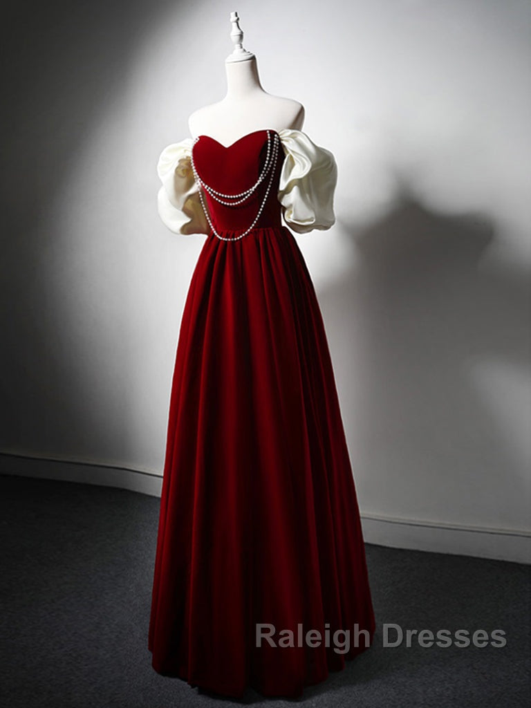 Burgundy A-Line Off Shoulder Velvet Lace Long Prom Dresses Burgundy Long Prom Dresses