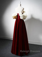 Burgundy A-Line Off Shoulder Velvet Lace Long Prom Dresses Burgundy Long Prom Dresses