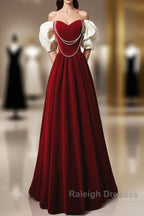 Burgundy A-Line Off Shoulder Velvet Lace Long Prom Dress, Burgundy Long Formal Dress