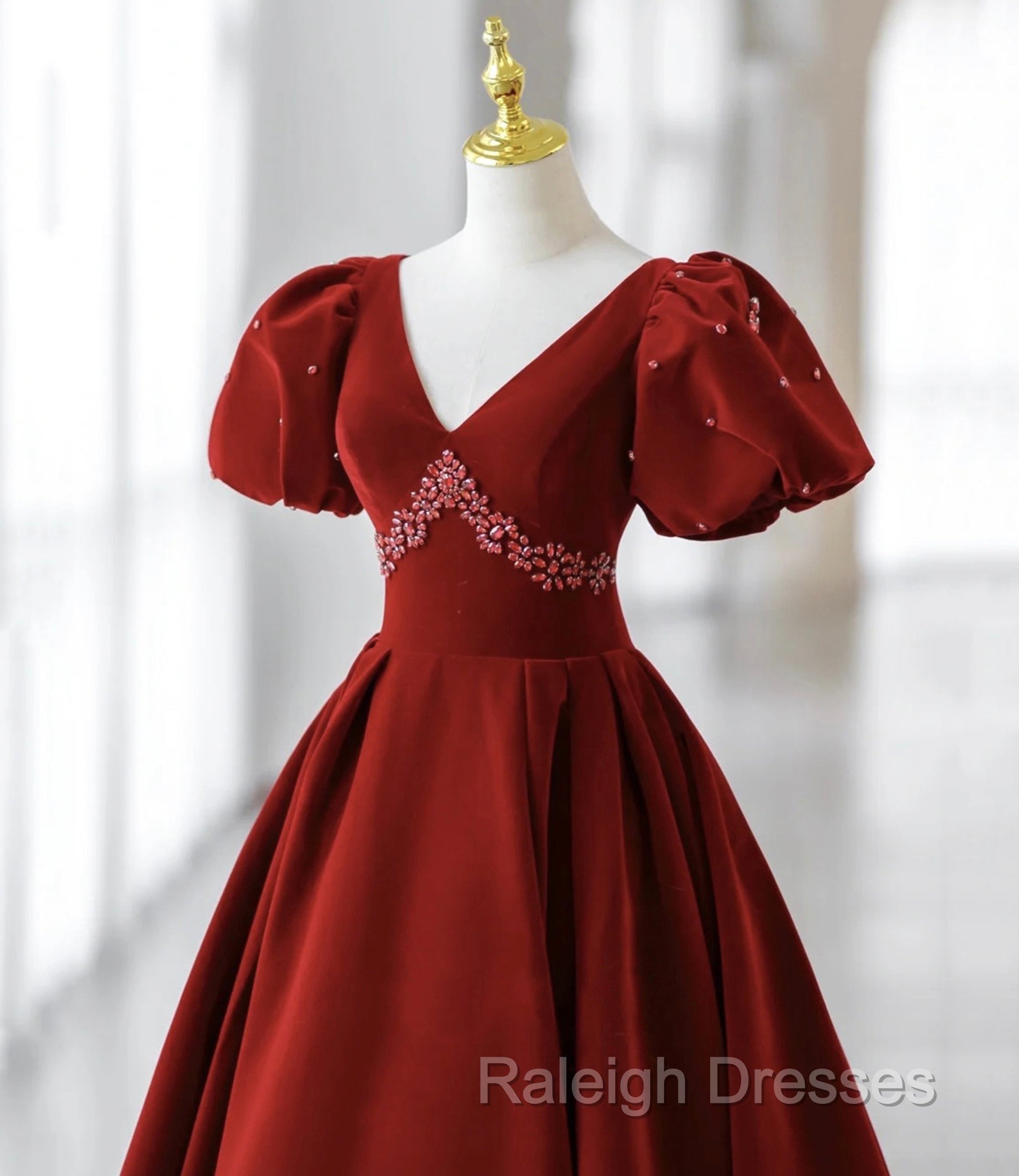 Burgundy A Line Puff Sleeves Velvet Long Prom Dress Evening Dress Secondary image