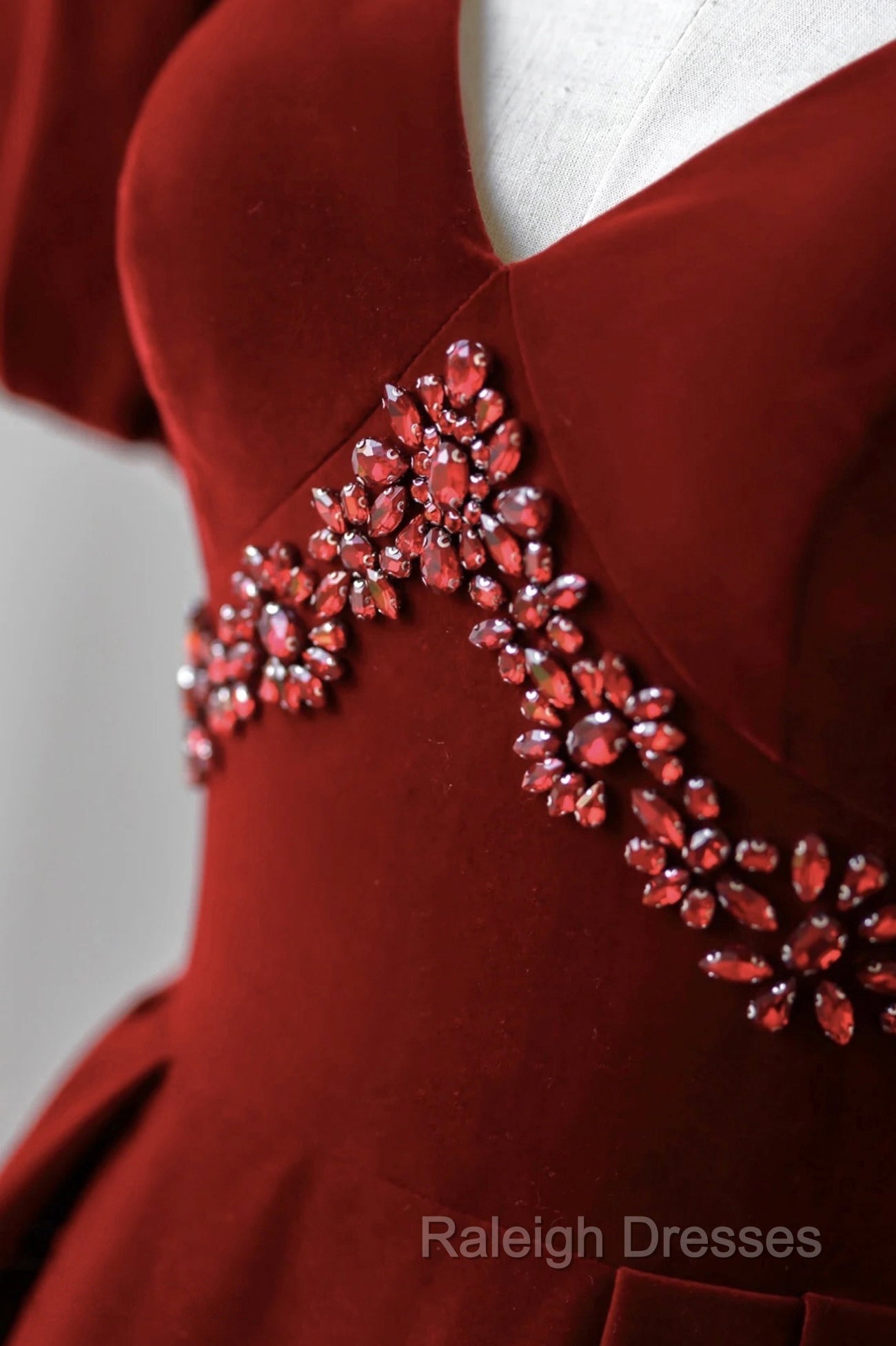 Burgundy A Line Puff Sleeves Velvet Long Prom Dress Evening Dress