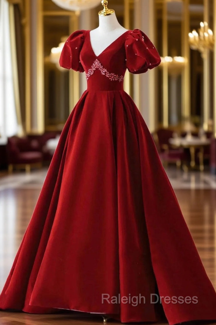 Burgundy A Line Puff Sleeves Velvet Long Prom Dress Evening Dress Main image