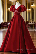 Burgundy A Line Puff Sleeves Velvet Long Prom Dress Evening Dress