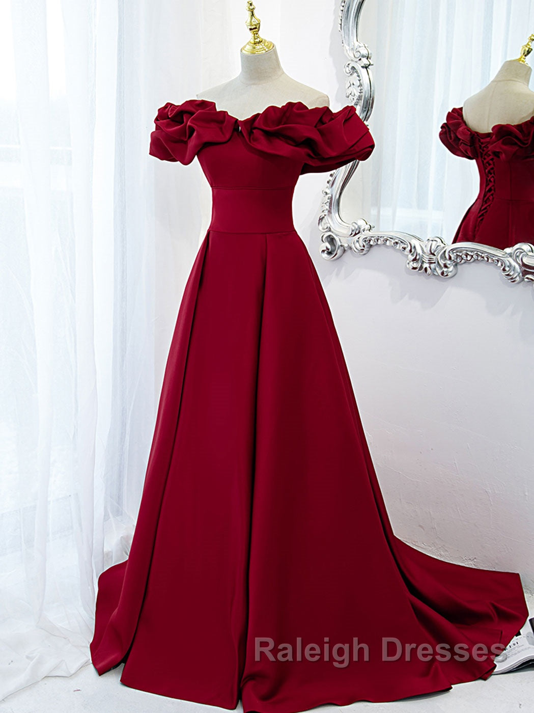 Burgundy A-Line Satin Long Prom Dress, Burgundy Formal Evening Dresses Secondary image