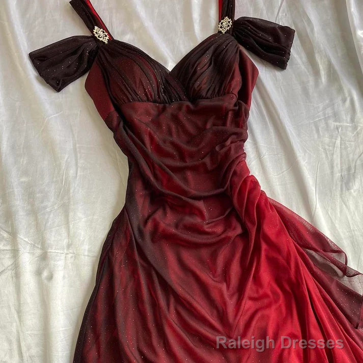 Burgundy A Line Shiny Long Prom Dress Ruffled Evening Gown