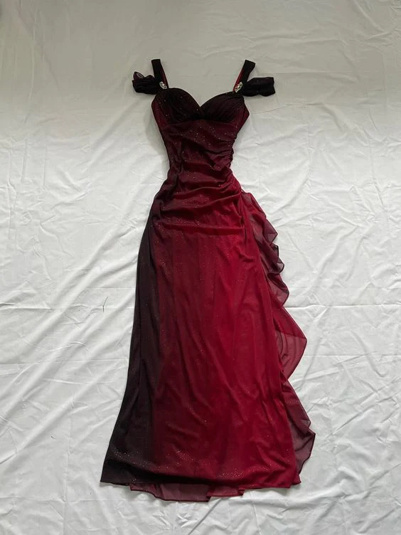 Burgundy A Line Shiny Long Prom Dress Ruffled Evening Gown