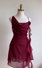 Burgundy A-Line Spaghetti Strap Floral Chiffon Short Prom Dresses Homecoming Dresses Outfits