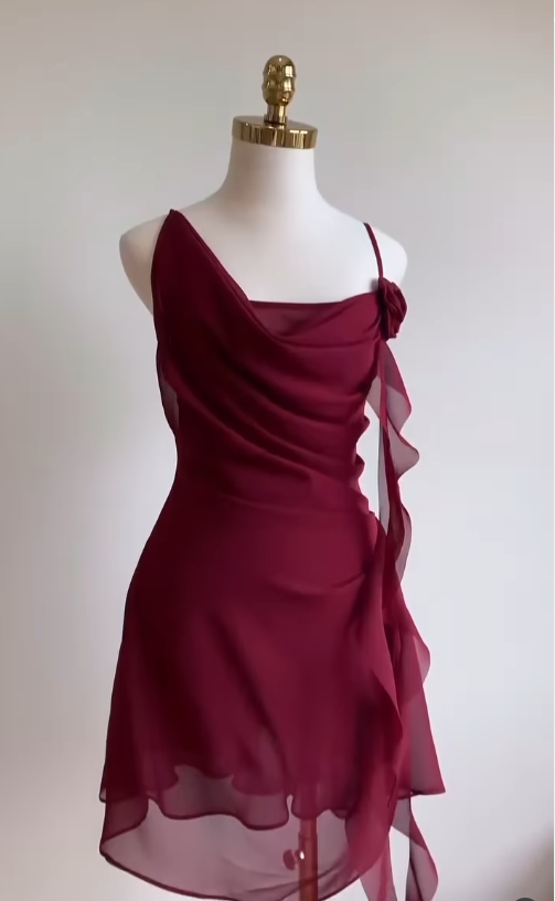 Burgundy A-Line Spaghetti Strap Floral Chiffon Short Prom Dresses Homecoming Dresses Outfits